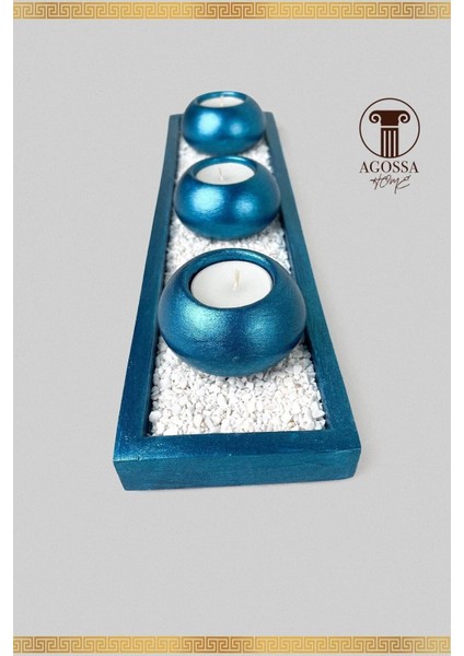 Deniz Mavisi 3'lü Mumluk ve Taşlı Sunum Tepsisi Seti indirimleri