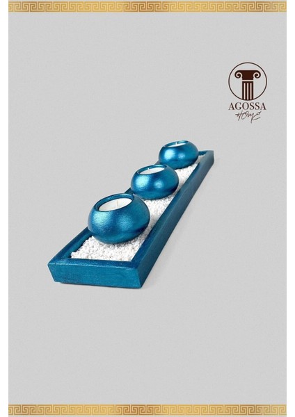 Deniz Mavisi 3'lü Mumluk ve Taşlı Sunum Tepsisi Seti