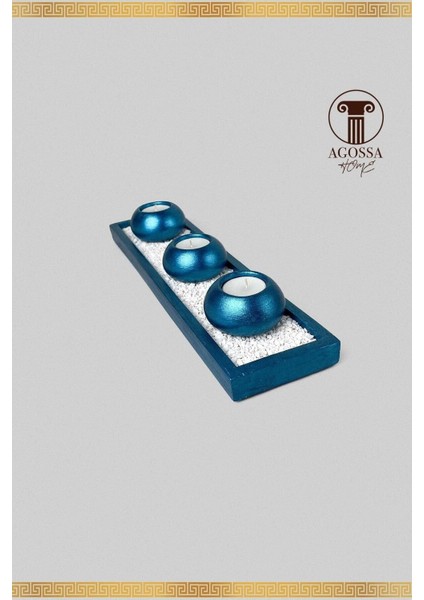 Deniz Mavisi 3'lü Mumluk ve Taşlı Sunum Tepsisi Seti