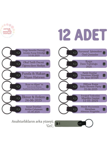 Arkadaşlar Arasında Özel Hediyeleşme, 12'li Set, Kişisel Mesajlı Deri Anahtarlık, Mor Menekşe & Gri