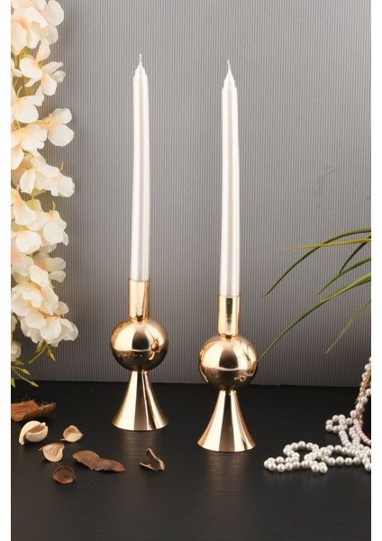 Altın Renkli 2'li Metal Şamdan Seti, Dekoratif Mumluk, Şık ve Zarif Tasarım