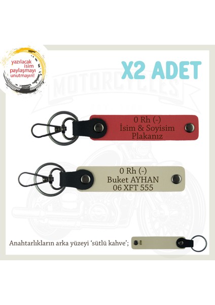 Hız Severlere Özel Isim Plaka ve 0 Rh (-) Kan Grubu Yazılı Deri X2 Anahtarlık, Nar Çiçeği-S Kahve-Sk