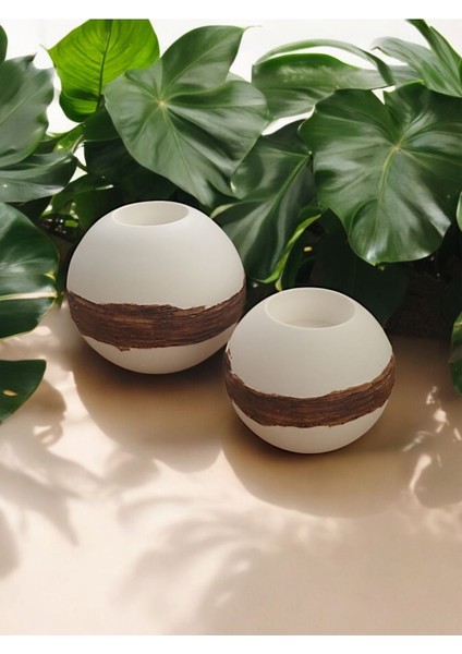 Beyaz-Ahşap Beton Küre Tealight Mumluk Seti, Şık ve Doğal Dekor Aksesuarı