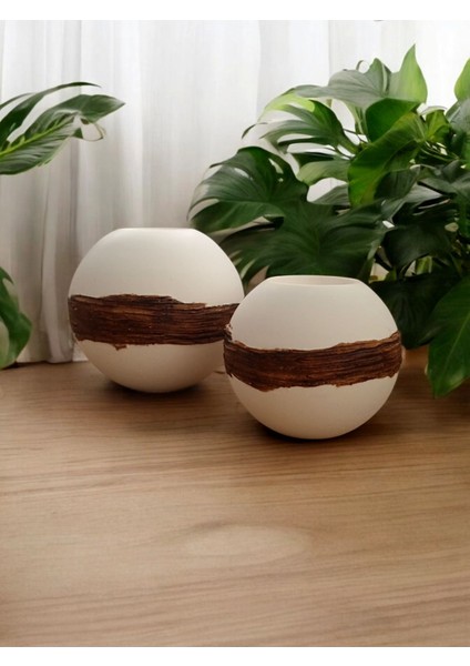 Beyaz-Ahşap Beton Küre Tealight Mumluk Seti, Şık ve Doğal Dekor Aksesuarı fiyatları