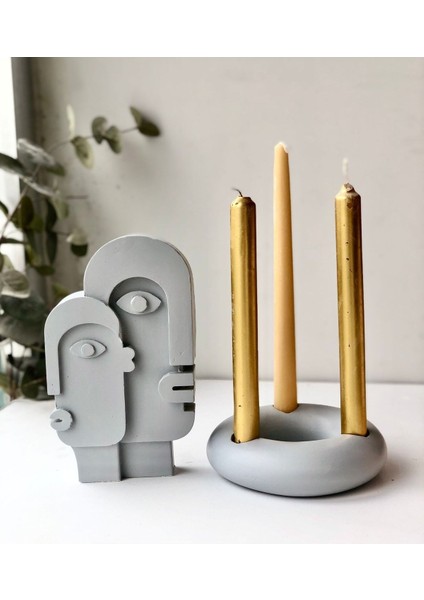 Gri Soyut Yüz ve Şamdan Dekoratif 2'li Set, Şık ve Modern Ev Dekoru