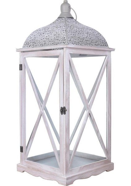 Büyük Boy Ahşap Mumluk Fener, 60CM, Eskitme Gri, Şık ve Dayanıklı Tasarım
