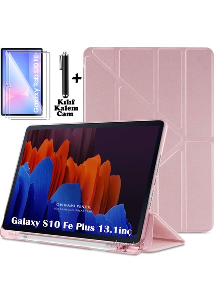 Samsung Galaxy Tab S10 Fe Plus 13.1 Inç 2025 Kılıf Kalem Bölmeli Katlanabilir Standlı Yumuşak Silikon Kapak + Ekran Koruyucu Cam + Dokunmatik Kalem 3in1 Set SM-X620 X626B