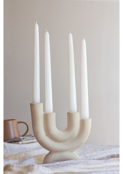 Bej Büyük 4 Kollu Beton Şamdan Seti, Şık ve Modern Ev Dekoru Için Ideal.