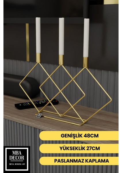 Altın Renkli Çift Prizmalı Masa Şamdan 48CM, Şık ve Dekoratif Mumluk