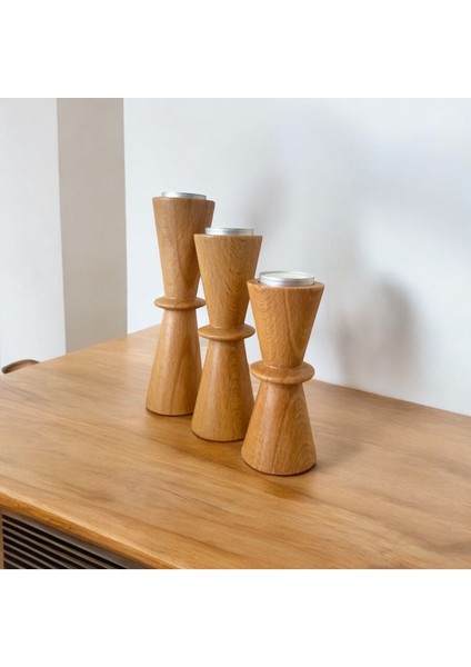 Doğal Gürgen Ağacı Dekoratif Ahşap Kum Saati ve Mumluk Seti