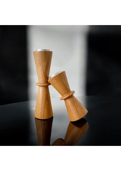 Doğal Gürgen Ağacı Dekoratif Ahşap Kum Saati ve Mumluk Seti