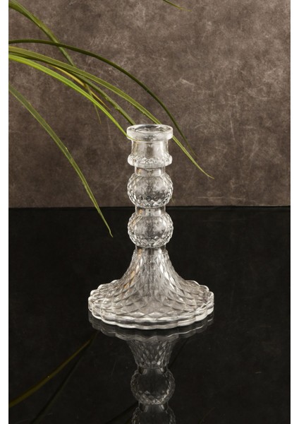 Şeffaf Cam Şamdan Orta Dekoratif Kristal Görünümlü Mumluk