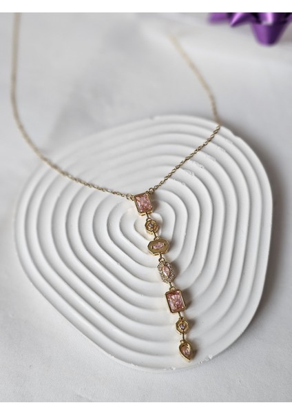 Y Kolye Pembe Zirkon Taşlı Altın Renk Dekolte Kolye Sevgiliye Özel Şık Hediye Kutulu