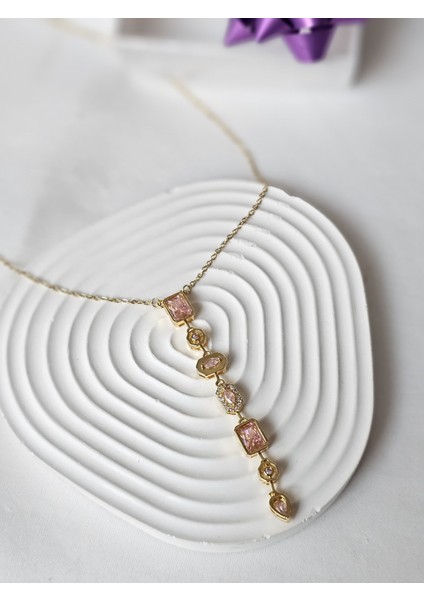 Y Kolye Pembe Zirkon Taşlı Altın Renk Dekolte Kolye Sevgiliye Özel Şık Hediye Kutulu fiyatları