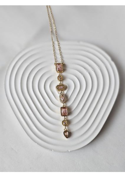 Y Kolye Pembe Zirkon Taşlı Altın Renk Dekolte Kolye Sevgiliye Özel Şık Hediye Kutulu modelleri