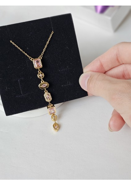 Y Kolye Pembe Zirkon Taşlı Altın Renk Dekolte Kolye Sevgiliye Özel Şık Hediye Kutulu fırsatları