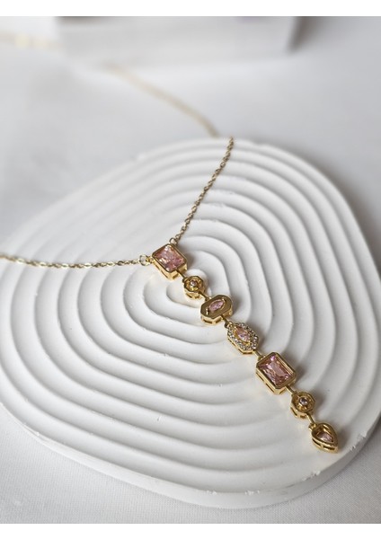 Y Kolye Pembe Zirkon Taşlı Altın Renk Dekolte Kolye Sevgiliye Özel Şık Hediye Kutulu