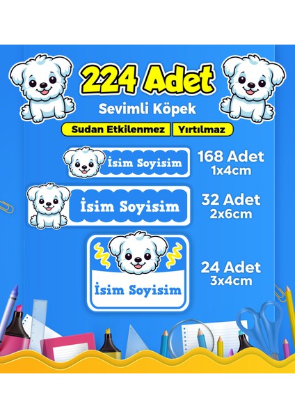 Sevimli Köpek Temalı Okul Kreş Kişiye Özel Isim Etiket Seti - Model 382