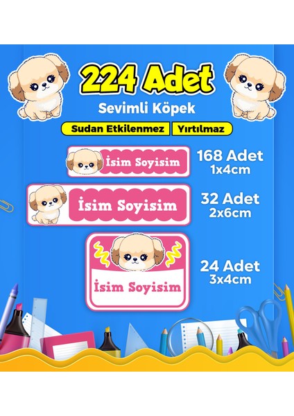 Sevimli Köpek Temalı Okul Kreş Kişiye Özel Isim Etiket Seti - Model 383