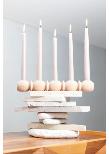 Doğal Ahşap 5'li Dekoratif Şamdan Seti, Modern ve Şık Tasarım