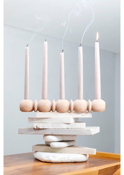 Doğal Ahşap 5'li Dekoratif Şamdan Seti, Modern ve Şık Tasarım fiyatları