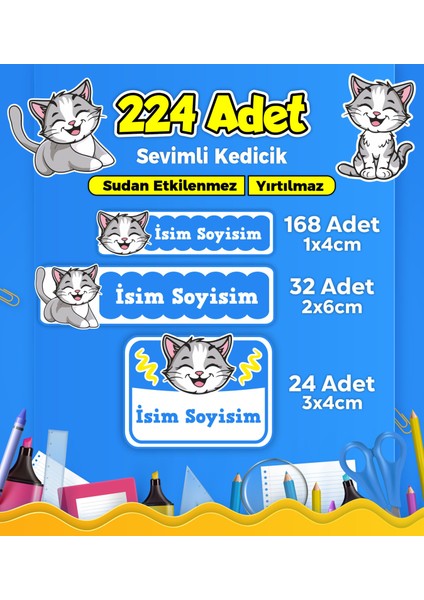 Sevimli Kedi Temalı Okul Kreş Kişiye Özel Isim Etiket Seti - Model 380