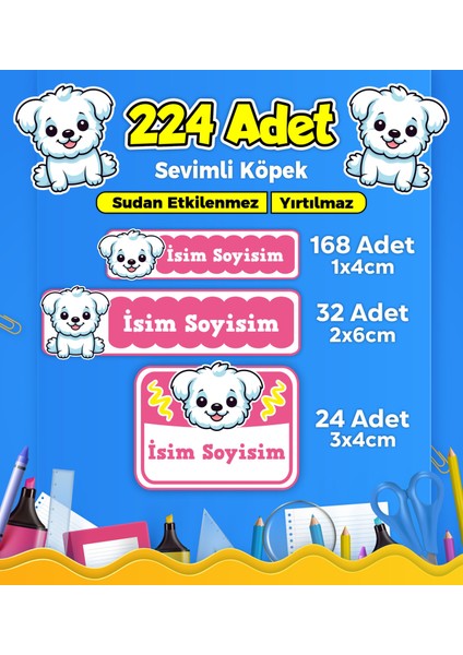 Sevimli Köpek Temalı Okul Kreş Kişiye Özel Isim Etiket Seti - Model 381
