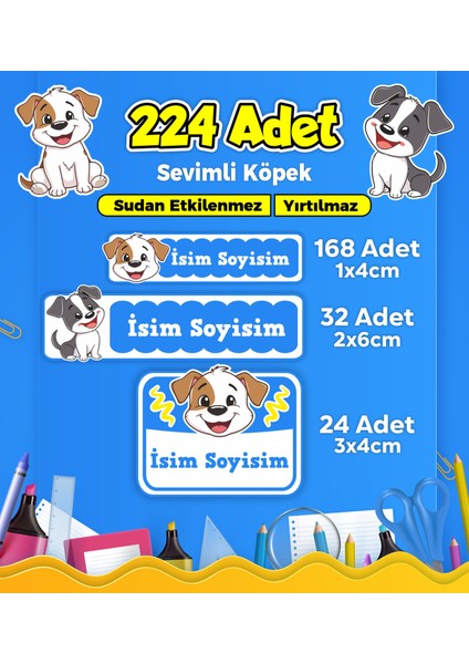 Sevimli Köpek Temalı Okul Kreş Kişiye Özel Isim Etiket Seti - Model 388