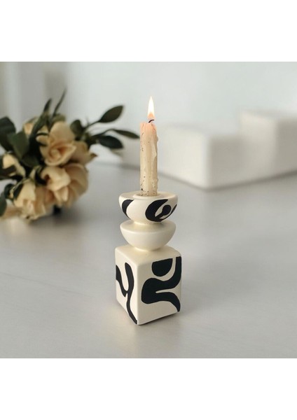 Krem-Siyah Etnik Desenli Dekoratif Şamdan ve Mumluk 16 cm