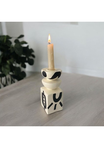 Krem-Siyah Etnik Desenli Dekoratif Şamdan ve Mumluk 16 cm fiyatları