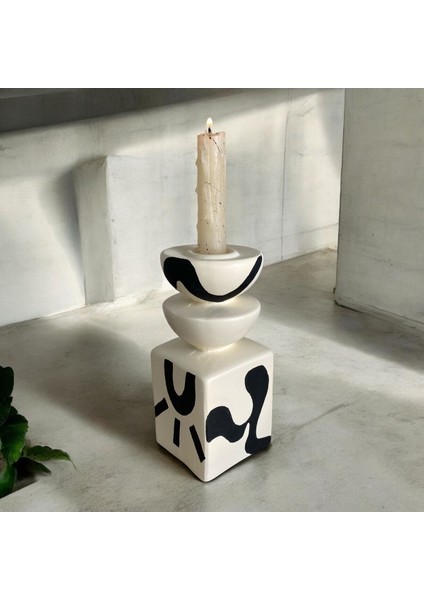 Krem-Siyah Etnik Desenli Dekoratif Şamdan ve Mumluk 16 cm modelleri
