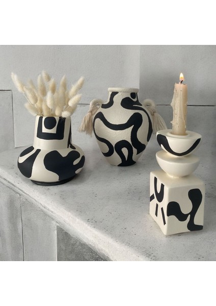 Krem-Siyah Etnik Desenli Dekoratif Şamdan ve Mumluk 16 cm fırsatları