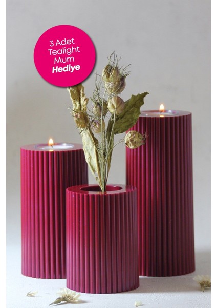 3'lü Bordo Dekoratif Mumluk Seti, Tealight ve Abs Plastik Malzeme