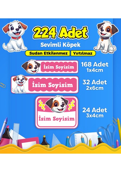 Sevimli Köpek Temalı Okul Kreş Kişiye Özel Isim Etiket Seti - Model 407