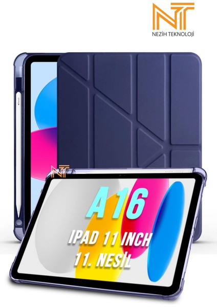 iPad 11. Nesil A16 2025 11 Inch Uyumlu Tri Folding Kalem Bölmeli Uyku Modlu Akıllı Kılıf