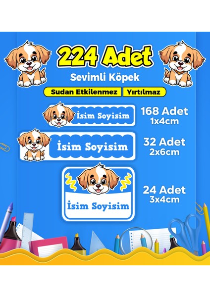 Sevimli Köpek Temalı Okul Kreş Kişiye Özel Isim Etiket Seti - Model 390