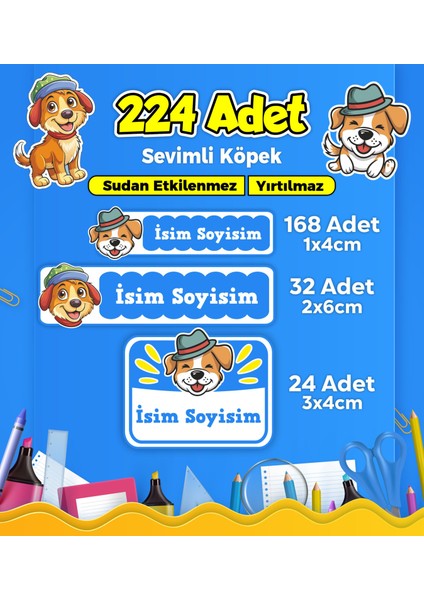 Sevimli Köpek Temalı Okul Kreş Kişiye Özel Isim Etiket Seti - Model 392