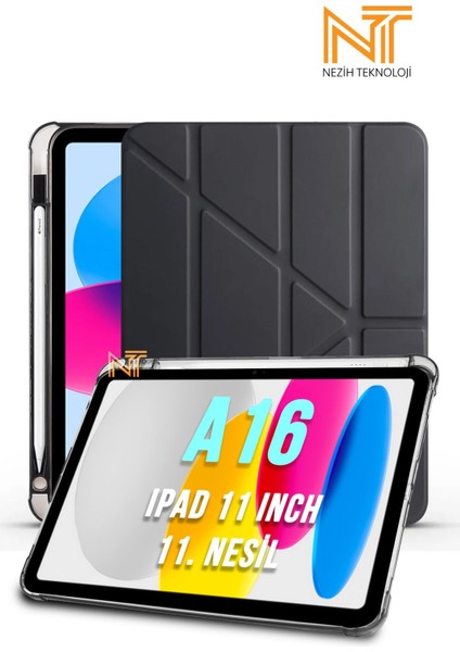 iPad 11. Nesil A16 2025 11 Inch Uyumlu Tri Folding Kalem Bölmeli Uyku Modlu Akıllı Kılıf