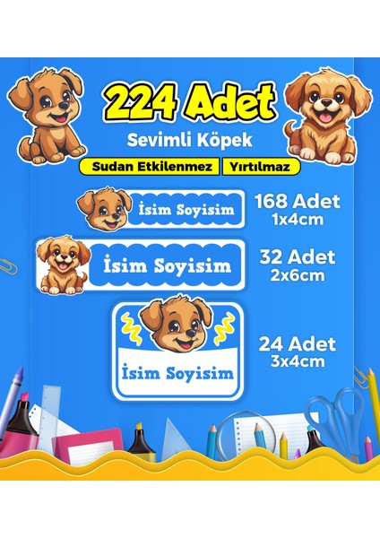 Sevimli Köpek Temalı Okul Kreş Kişiye Özel Isim Etiket Seti - Model 406