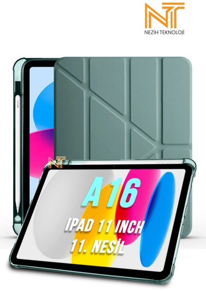iPad 11. Nesil A16 2025 11 Inch Uyumlu Tri Folding Kalem Bölmeli Uyku Modlu Akıllı Kılıf