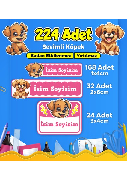 Sevimli Köpek Temalı Okul Kreş Kişiye Özel Isim Etiket Seti - Model 405
