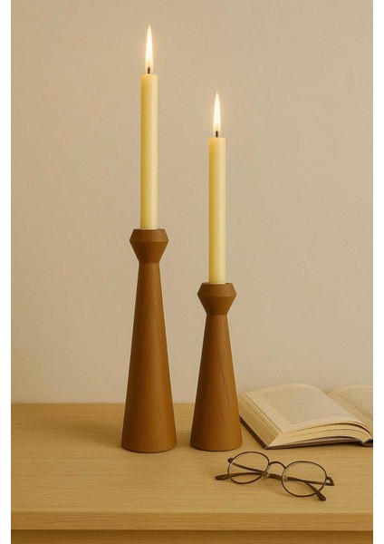 El Yapımı Doğal Ahşap Şamdan Seti 20CM ve 17,5cm, Rustik Dekoratif, Modern Tasarım