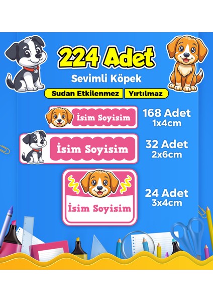 Sevimli Köpek Temalı Okul Kreş Kişiye Özel Isim Etiket Seti - Model 397