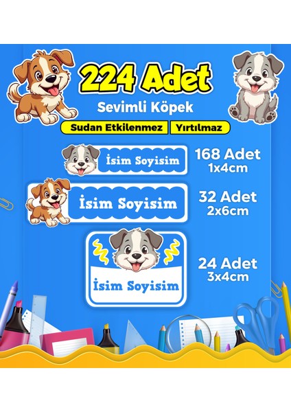 Sevimli Köpek Temalı Okul Kreş Kişiye Özel Isim Etiket Seti - Model 404