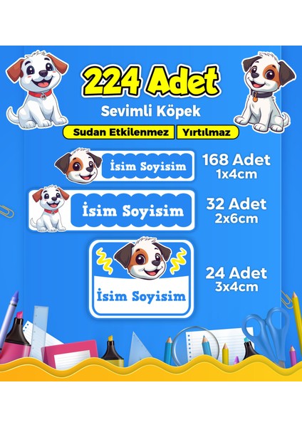 Sevimli Köpek Temalı Okul Kreş Kişiye Özel Isim Etiket Seti - Model 408