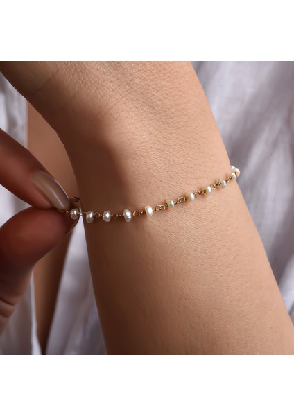 14 Ayar Altın Kaplama Minimal Doğal Inci El Yapımı Gümüş Bileklik - CBS00135