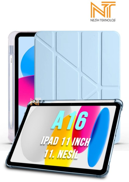 iPad 11. Nesil A16 2025 11 Inch Uyumlu Tri Folding Kalem Bölmeli Uyku Modlu Akıllı Kılıf