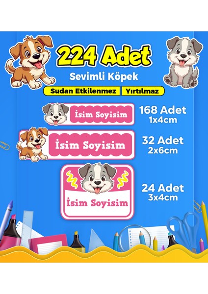 Sevimli Köpek Temalı Okul Kreş Kişiye Özel Isim Etiket Seti - Model 403