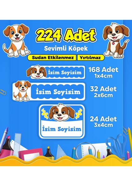 Sevimli Köpek Temalı Okul Kreş Kişiye Özel Isim Etiket Seti - Model 396