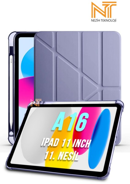 iPad 11. Nesil A16 2025 11 Inch Uyumlu Tri Folding Kalem Bölmeli Uyku Modlu Akıllı Kılıf